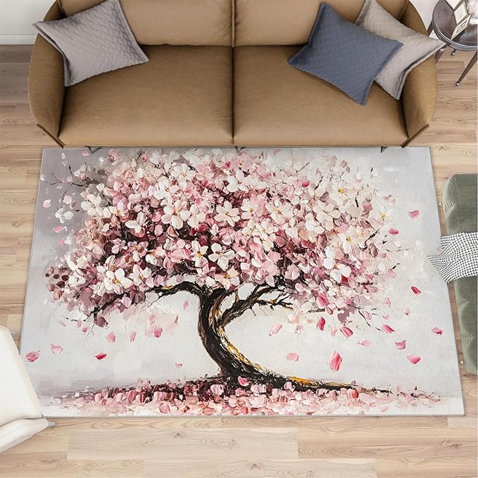 Graffiti Tree Washable Rugs 4x6 Rug for Living Room, Pink Petals 4x6 Rug Oil Painting Art Low-Pile Carpet for Bedroom Dining Non Slip Mat with Rubber Back