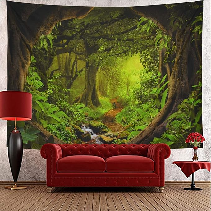 Tushelia Forest TreeTapestry Tree of Life Tapestries Nature Landscape Wall Decor Stream Through Rainforest Tapestry Wall Hanging for Living Room
