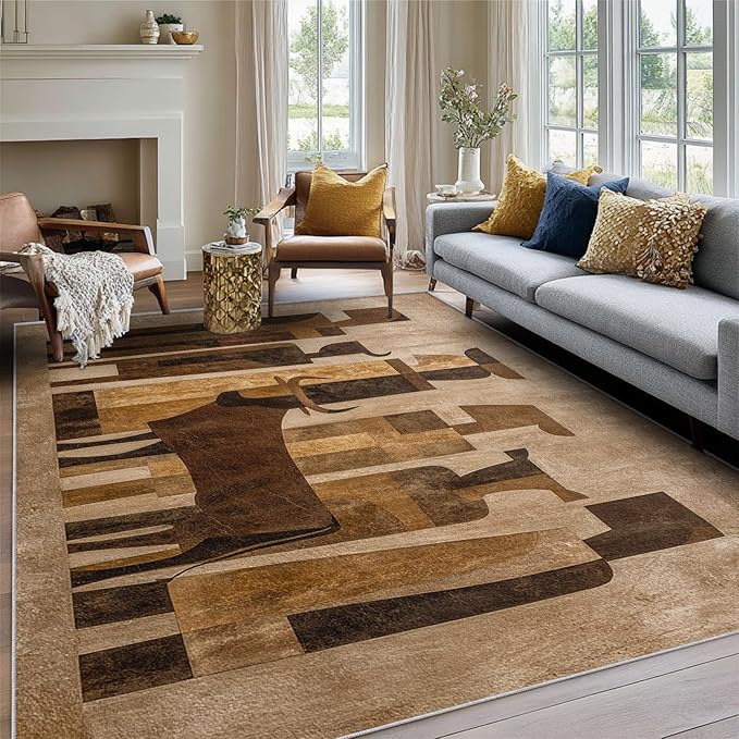 Boho Rug, 3x5 Area Rugs Abstract Art Cow People Pattern for Entryway, Living Room, Bedroom, Boho Home Decor Accessories Indoor Carpet, Non Slip & Machine Washable