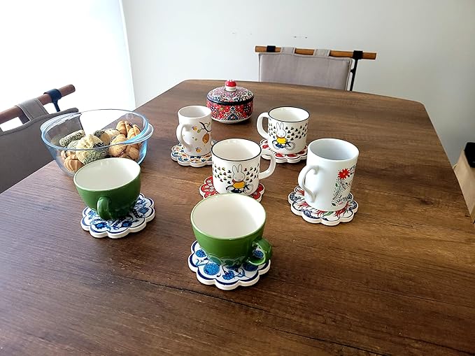 Turkish Ceramic Plate Absorbent Daisy Desing Coasters for Drinks House Warming,Living Room Decoration Gift Set of 6 No Holder,Oversize Better Protects Furniture from Damage (Multi 3)