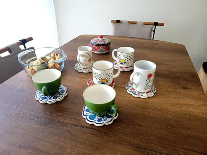 Turkish Ceramic Plate Absorbent Daisy Desing Coasters for Drinks House Warming,Living Room Decoration Gift Set of 6 No Holder,Oversize Better Protects Furniture from Damage (Multi 3)