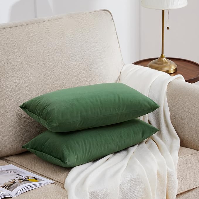 GIGIZAZA 12x20 Olive Green Pillow Covers Velvet Lumbar Pillow Decorative Throw Pillows Couch Sofa Covers Bedroom Set of 2