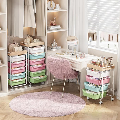 Rolling Storage Utility Cart With 5 Drawers,Craft Cart with Wheels,Makeup Organizer,Art Supply And Storage Wooden Tabletop,Rainbow