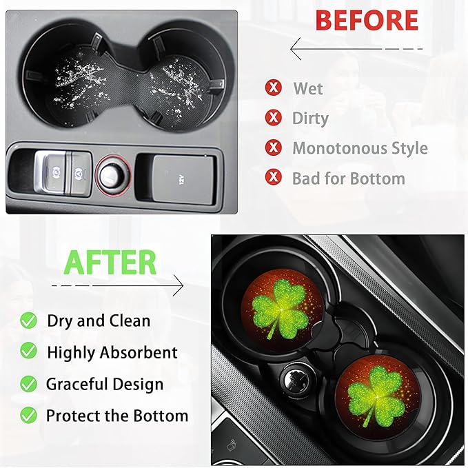 Green Clover Glitter Car Cup Holder Coaster,St. Patrick Day Car Coasters for Cup Holder,2 PCS Absorbent Insert Ceramic Car Assecories with Cork Back & Finger Notch for Women Men
