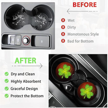 Green Clover Glitter Car Cup Holder Coaster,St. Patrick Day Car Coasters for Cup Holder,2 PCS Absorbent Insert Ceramic Car Assecories with Cork Back & Finger Notch for Women Men