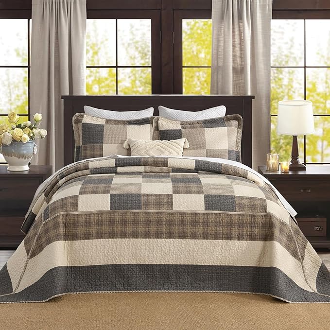 Oversized King Bedspread Quilt 120" x 120", 100% Cotton Lightweight Quilted Bed Spreads Coverlet Set Farmhouse Bedding Cover, 3 Piece, Charcoal/Beige/Browm