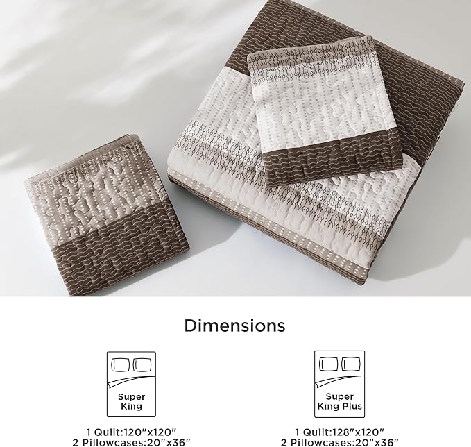 Litanika Oversized King Quilt Set Brown, 120x120 Stripe Bedspread Coverlet 3 Pieces, Brown Lightweight Quilted Bedding Set for All Season(Super King-1 Quilt, 2 Pillowcases)