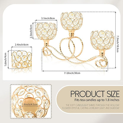 Gold 3 Arm Metal Crystal Tea Light Candle Holder, Elegant Wedding Table Centerpiece Candleholder, Christmas Wishing Crystal Bowl Candle Holder Suitable for Wedding Party Living Room Decoration