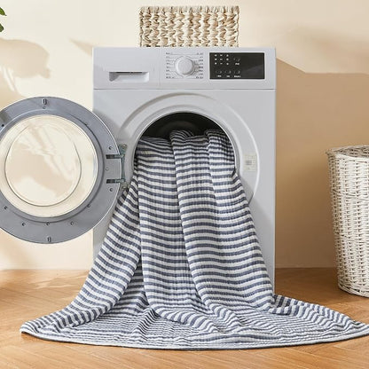 EMME Cotton Muslin King Blanket Bed Layering Bedspread Coverlet Breathable Gauze Soft Lightweight (Striped Navy, 108"x90")
