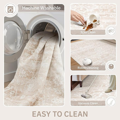 Washable Runner Rug, 2.5'x8' Runners Vintage Kitchen Non-Slip Foldable Hallway Runner Rug for Entryway, Laundry, Bedroom, Beige