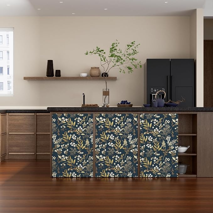 Dark Blue Leaf Wallpaper Peel and Stick Dark Floral Wallpaper for Bedroom Vintage Leaf Contact Paper Waterproof Self Adhesive Boho Floral Wall Paper for Bedroom Walls Countertop 17.5in x 118in