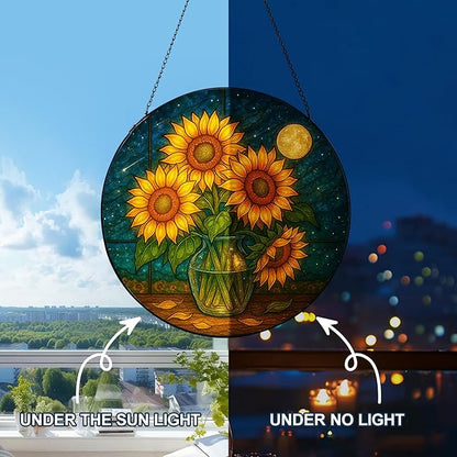 Stained Glass Window Hanging,Sunflower Sun Catchers Stained Glass Panels for Indoor Windows Wall Art Decor, Memorial Gift for Mom Women Wife Men Lovers (11.8inch)