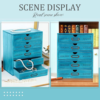Wesiti 5 Drawer Apothecary Cabinet - Vintage Wooden Desk Organizer - Library Card Catalog Wood Storage Box - Office Desktop Dresser for Stationery, Sewing, Crafts, Junk & Supplies, Blue