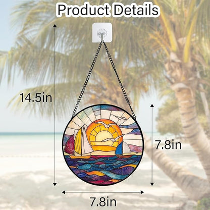 DASTOLL Stained Glass Window Hanging, Sailboat and Waves Suncatcher Diamond Glass Panel Hangings Sun Catchers Decor for Birthday for Women, Men, Wife, Aunt, and Mom 7.8 in