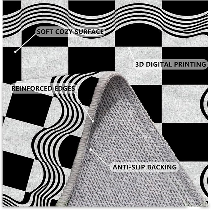 Checkered Area Rug 8x10, Checkerboard Rug, Geometric Plaid Washable Rugs, Modern Checkered Area Rugs, Wavy Line Carpet Non Slip for Bedroom Retro Home Decor Mat