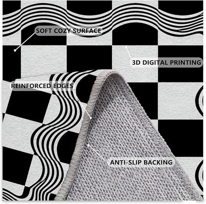 Checkered Area Rug, Checkerboard Rug, Geometric Plaid Washable Rugs 6x9, Modern Checkered Area Rugs, Wavy Line Carpet Non Slip for Bedroom Retro Home Decor Mat