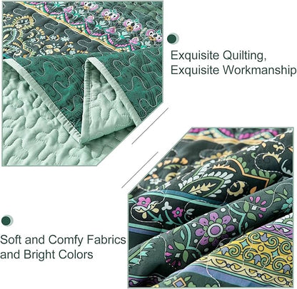 WONGS BEDDING Boho Quilt Full Size, Green Bohemian Full Quilt Set, Lightweight Microfiber Bed Decor Bedspread for All Season 78"x90"(3 Pieces)