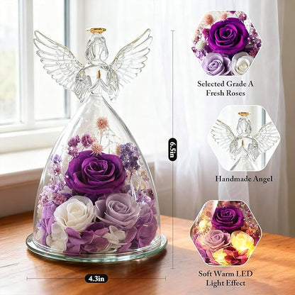 Valentines Day Roses Gifts for Women,Preserved Real Flowers Roses in Glass Angel Figurines,Valentines Day Gifts for Women Mom Wife Girlfriend./Purple