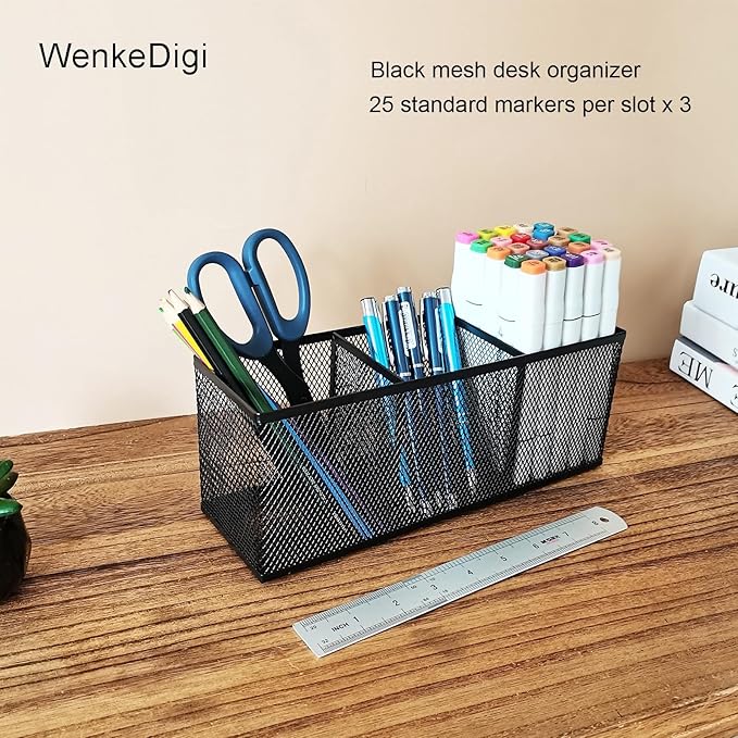 Metal Mesh Pencil Holder, Spacious 3-Compartment Desk Organizer for Pens, Makeup Brushes, Utensils, Multipurpose Office, School ,Kitchen, Home Desktop Storage, 10.43 x 3.35 x 4.04 Inches, Black