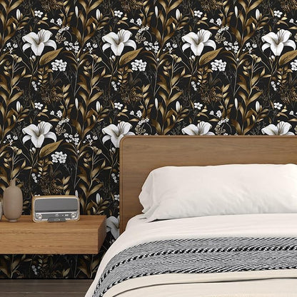 White Floral Wallpaper Peel and Stick, Black Gold Vintage Contact Paper, Dark Golden Botanical Wall Paper Self Adhesive Removable Waterproof for Bedroom Cabinet Drawer Table Decor 17.5" x 118"