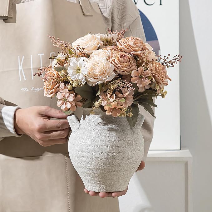 Ceramic White Flower Vase, 7.36 Inch Pottery Decorative Vase Rustic Farmhouse Vases for Home Decor Table Living Room Kitchen Bedroom Shelf Mantel Wedding Centerpiece
