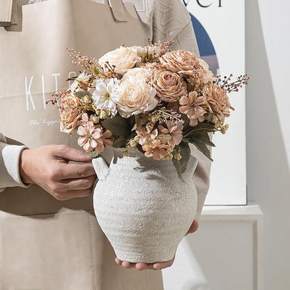 Ceramic White Flower Vase, 7.36 Inch Pottery Decorative Vase Rustic Farmhouse Vases for Home Decor Table Living Room Kitchen Bedroom Shelf Mantel Wedding Centerpiece