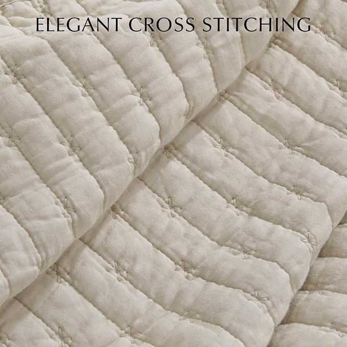 EVERGRACE Cross Stitch Pre-Washed Cotton Quilt Bedding Set Queen Size, Oversized 3 Pieces Lightweight Bedspread Coverlet for All Season, with 2 Matching Shams, Flax Beige, 92"x96"