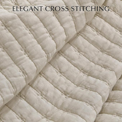 EVERGRACE Cross Stitch Pre-Washed Cotton Quilt Bedding Set Queen Size, Oversized 3 Pieces Lightweight Bedspread Coverlet for All Season, with 2 Matching Shams, Flax Beige, 92"x96"