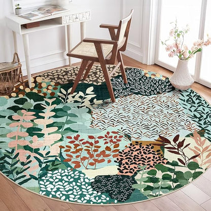 DEXDE Round Rug 6ft Washable Circle Area Rugs, Non Slip Low Pile Boho Floral Large Circular Carpet for Bedroom Bathroom Entryway Kids Room Office Dining Room, Dark Green