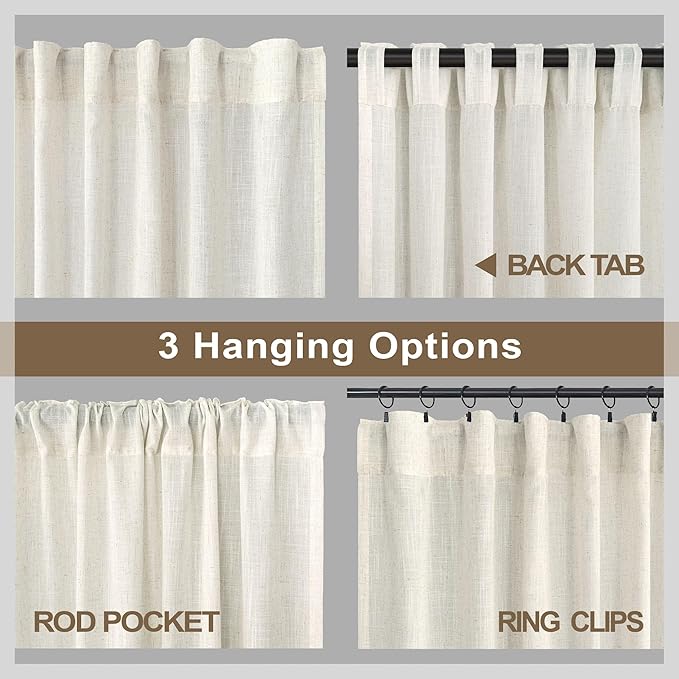 Pitalk Cream Sheer Curtains 68 Inch Length 2 Panel Set for Living Room Back Tab Pleated Farmhouse Coastal Decor Cotton Textured Gauze Curtain for Dining Room Home Office French Door Ivory Colored