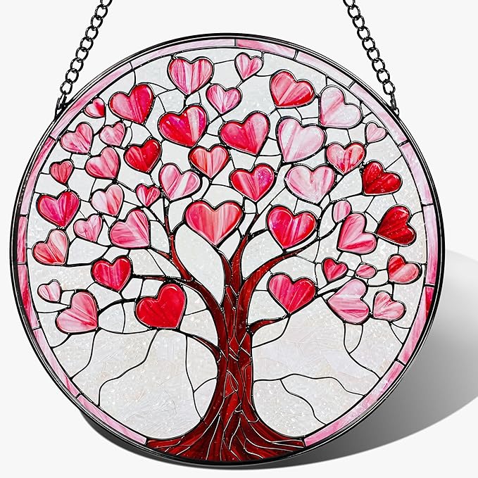 Stained Glass Window Hanging - 8 Inch Love Heart Tree Sun Catcher, Suncatcher Window Decor | Anniversary, Birthday, Christmas, Mother's Day, Valentine’s Day Gifts for Lover, Wife, Girlfriend, Mom