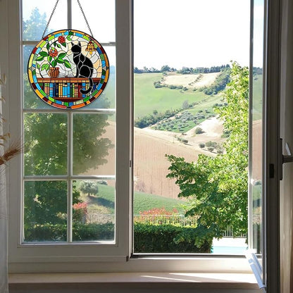 Cat Sun Catcher Stained Glass Window Hanging 9.8'', Book Lover Gifts for Women Book Wall Decor Handmade Sun Catcher Black Cat Sitting On Bookshelf Decoration for Home Room Housewarming Gifts