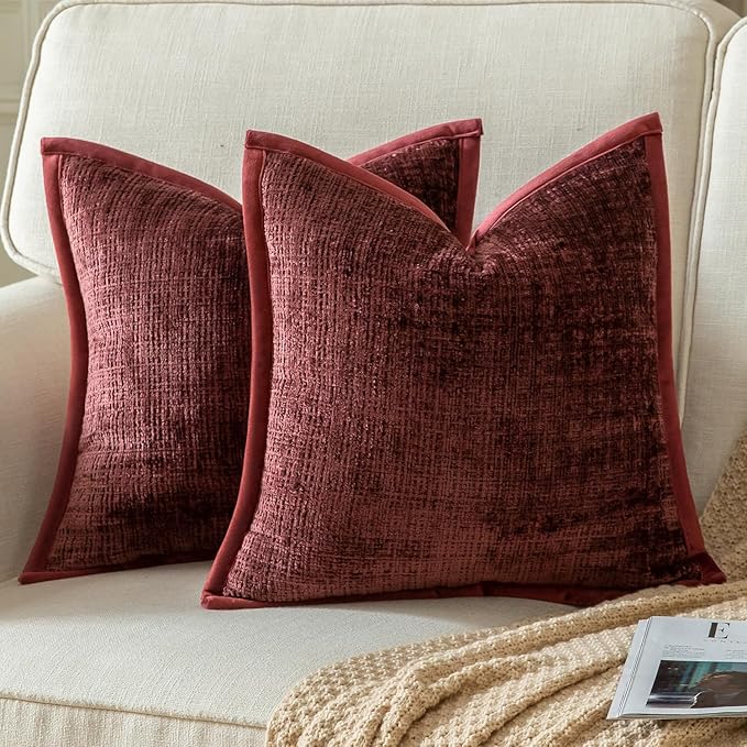 Yaertun Pack of 2 Chenille Textured Decorative Throw Pillow Covers Accent Solid Cushion Cover Soft Cozy Pillow Case with Velvet Back for Couch Sofa Bed Living Room 26x26 Inch Burgundy