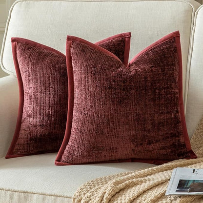 Yaertun Pack of 2 Chenille Textured Decorative Throw Pillow Covers Accent Solid Cushion Cover Soft Cozy Pillow Case with Velvet Back for Couch Sofa Bed Living Room 24x24 Inch Burgundy