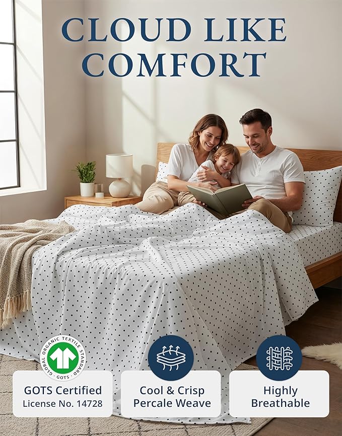 LANE LINEN 100% Organic Cotton Printed King Size Bed Sheets Machine Washable Fully Elasticized Low Pill Fade Resistant Cotton Sheets, Soft & Comfy Percale Eco Friendly sábanas King- Black Polka Dot