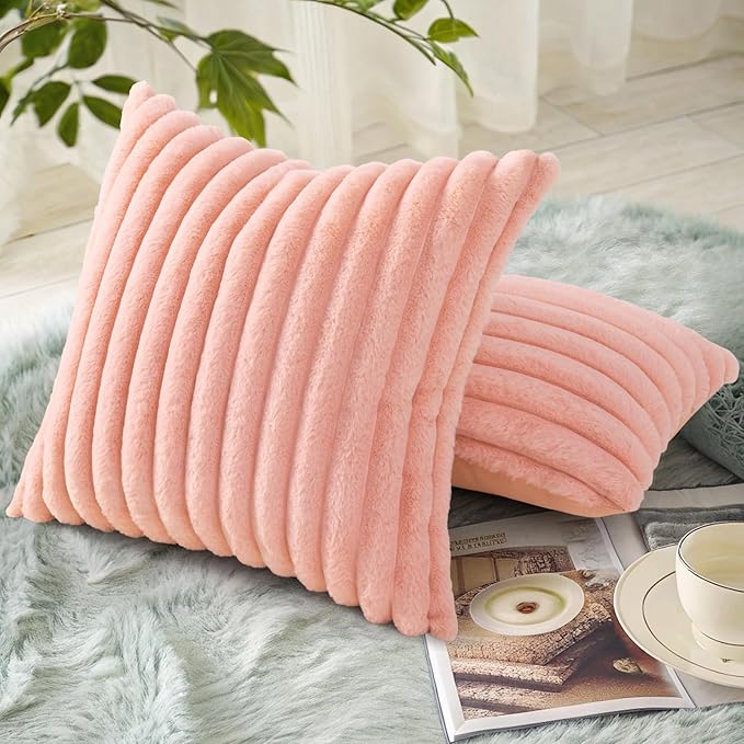 decorUhome Faux Fur Spring Throw Pillow Covers 18x18 Set of 2, Decorative Soft Plush Striped Neutral Couch Pillow Covers with Velvet Back for Sofa, Bed, Living Room Home, Blush Pink