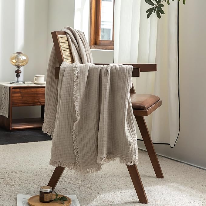 FOSSA Muslin Blanket with Fringe - 4-Layer 100% Cotton Gauze Super Soft & Breathable Throw -Lightweight Decorative Cooling Blanket for Bed, Sofa, Office -Twin XL Size 90" × 66" (Beige Gray)