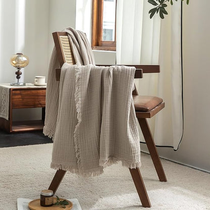 FOSSA Muslin Blanket with Fringe - 4-Layer 100% Cotton Gauze Super Soft & Breathable Throw -Lightweight Decorative Cooling Blanket for Bed, Sofa, Office -Twin XL Size 90" × 66" (Beige Gray)