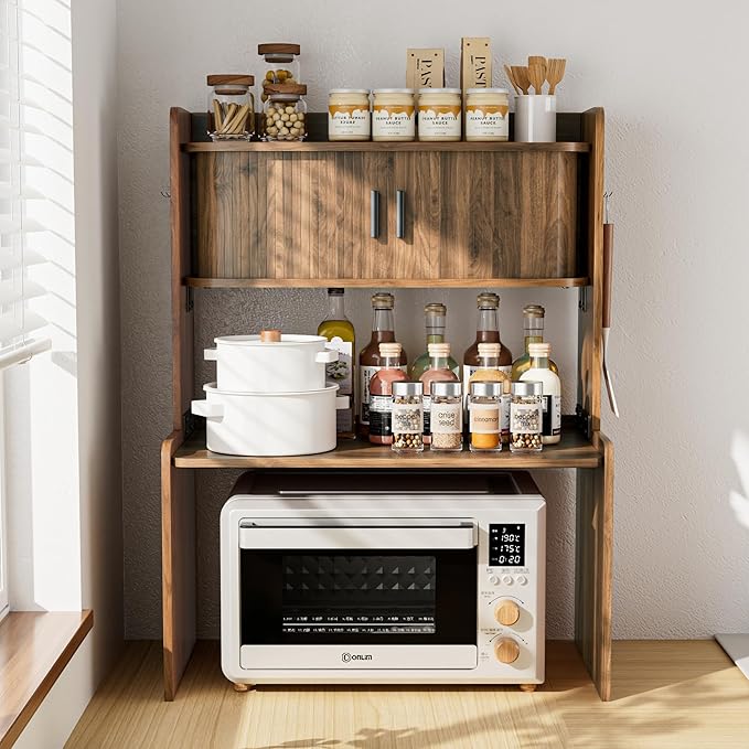 Microwave Stand with Storage, 31 x 23 Inch Mid Century Modern Kitchen Countertop Organizer, Over Fluted Microwave Counter Shelf Rack with Sliding Door, Space Saving, Wooden, Walnut