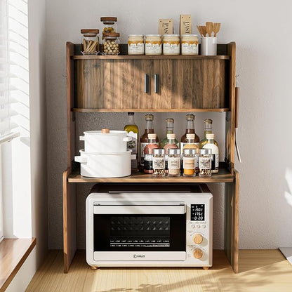 Microwave Stand with Storage, 31 x 23 Inch Mid Century Modern Kitchen Countertop Organizer, Over Fluted Microwave Counter Shelf Rack with Sliding Door, Space Saving, Wooden, Walnut