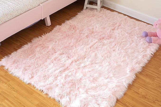 Silky Soft Faux Fur Rug, 3 ft. x 5 ft. Pink Fluffy Rug, Sheepskin Rectangle Shaggy Pink Carpet for Living Room, Bedroom, Kids Room, or Nursery Home Décor Accent Machine Washable with Non-Slip Backing