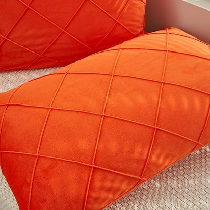 JAUXIO Diamond Pinch Pleated Crystal Velvet Pillowcases 2 Pack Solid Pintuck Throw Cushion Cover for Home Decor Hidden Zipper Closure (Bright Orange, Standard)