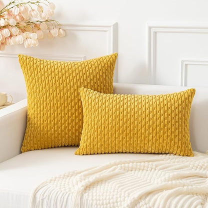 Kevin Textile Throw Pillow Covers Soft Corduroy Decorative Set of 2 Boho Striped Pillow Covers Pillowcases Farmhouse Home Decor for Couch Bed Sofa Living Room 12x20 Inch Mustard Yellow