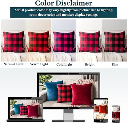 PAVILIA Checker Plaid Throw Pillow Covers 20x20 Set of 2, Decorative Pillow Cases for Bed Sofa Couch, Boho Aesthetic Accent Decor Cushion Bedroom Living Room, Velvet Square Euro Sham Covers, Black Red