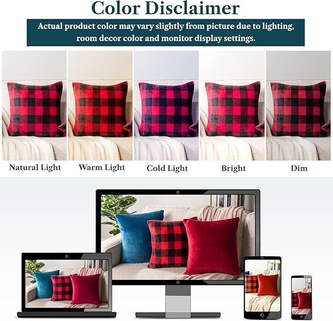 PAVILIA Checker Plaid Throw Pillow Covers 18x18 Set of 2, Decorative Pillow Cases for Bed Sofa Couch, Boho Aesthetic Accent Decor Cushion Bedroom Living Room, Velvet Square Euro Sham Covers, Black Red
