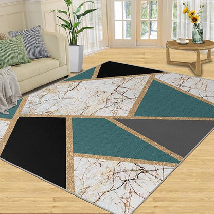 Emerald Green Marble Rug Modern Geometric Marble Area Rugs Light Luxury Geometric Striped Carpet Vintage Stone Crack Rug for Bedroom Living Room 5x7ft