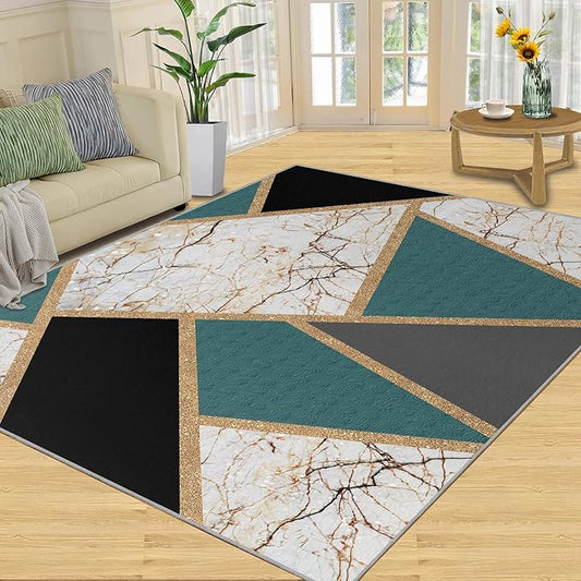 Emerald Green Marble Rug Modern Geometric Marble Area Rugs Light Luxury Geometric Striped Carpet Vintage Stone Crack Rug for Bedroom Living Room 5x6ft