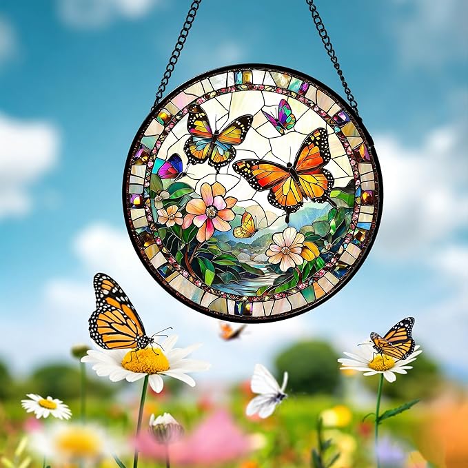 DASTOLL Stained Glass Window Hanging, Butterflies Flying in The Sky Suncatcher for Doors Home Sun Catchers Decoration and Christmas, Mother's Day Birthday Gifts for Women, Men, and Mom 7.8 in