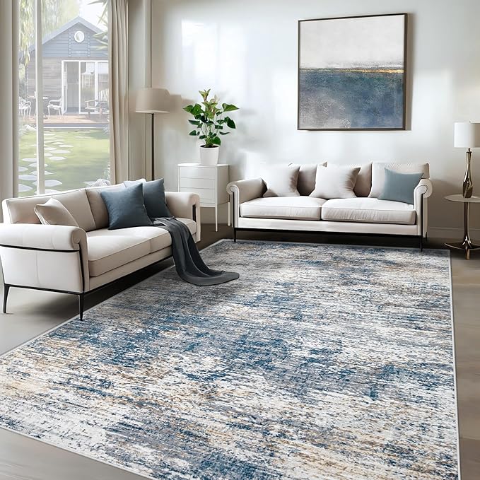 6x9 Area Rugs for Living Room, Washable Modern Abstract Large Area Rug Neutral Soft Non Slip Kids Rug Stain Resistant Indoor Carpet for Bedroom Nursery Dining Room Playroom Office(BlueWhite, 6'x9')