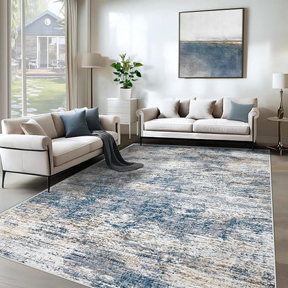 6x9 Area Rugs for Living Room, Washable Modern Abstract Large Area Rug Neutral Soft Non Slip Kids Rug Stain Resistant Indoor Carpet for Bedroom Nursery Dining Room Playroom Office(BlueWhite, 6'x9')